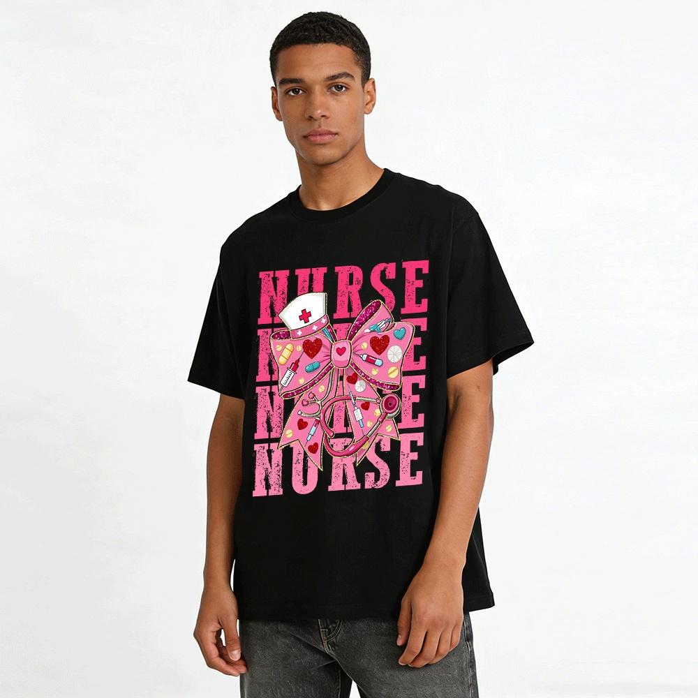 Nurse Themed Print Top With Medical Elements And Hearts Pure Cotton T-shirt