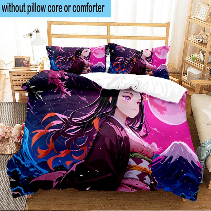 Kamado Dreams In The Night Sky 3PCS Print Bedding Set, Includes A Duvet Cover and Two Pillowcases for Bedroom, Dormitory, Suitable for All Seasons