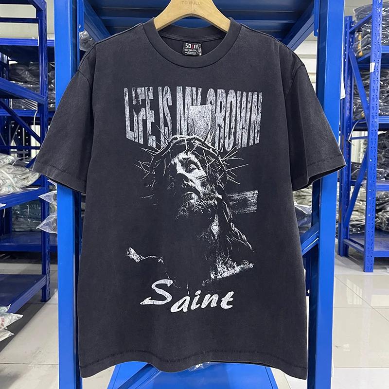 2025 Summer High Quality Cotton Classic Logo Graphics Print Saint Tshirt Unisex Unisex Vintage Washed Black T Shirt Loose Tee