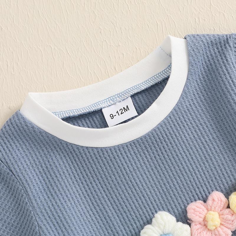 Toddler Girl Summer Waffled Clothes 3D Flower Short Sleeve Round Neck Tops Elastic Waist Shorts Children Outfit
