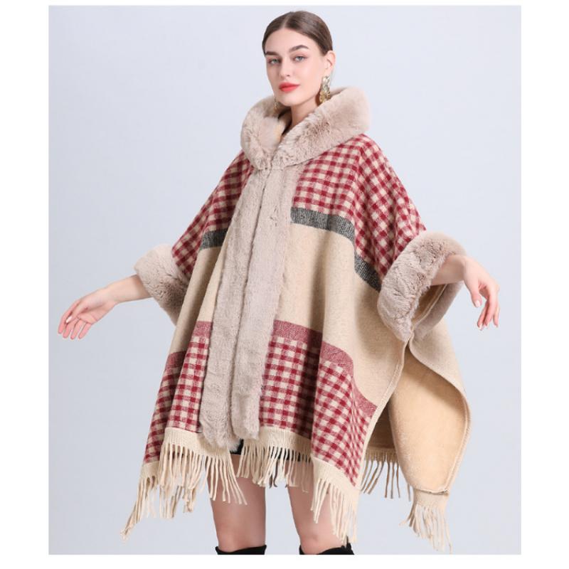 Zimowa damska szalowa kurtka peleryna luźna krata wyściełana zagęszczony futrzany kołnierz dzianinowy tweedowy szal kurtka siedmiopunktowy rękaw z czapką