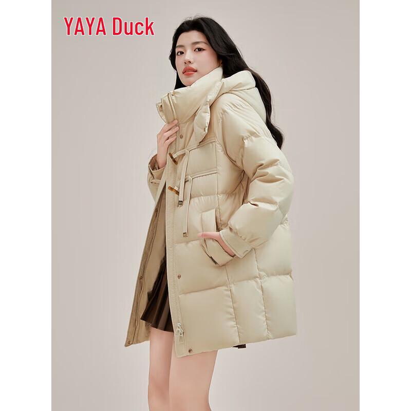 YAYA Women's Mid-length Loose Hooded Duck Down Jacket
