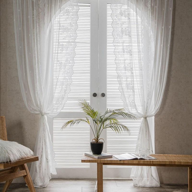 

American Retro Translucent Lace Gauze Curtain Balcony Window White Gauze Partition Wave Pastoral Style Home Curtain Two-piece W130 x H90cm&Threading Rod