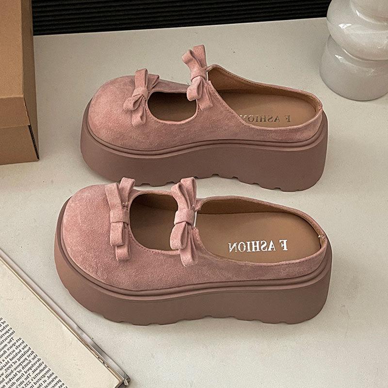 Fashion casual bow one-button sponge cake thick bottom half bag head cool slippers women's spring and summer 2025 new versatile