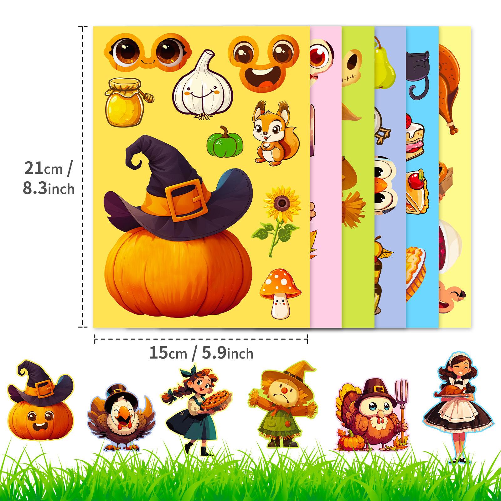 

6 Наклеек-пазлов для смены лица на День благодарения, детские развивающие игрушки, наклейки-дубликаты с тыквой и индейкой