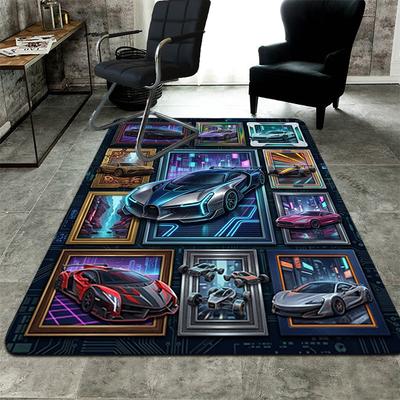 Futuristic Car Gallery Pattern Rug Floor Mat for Living Room or Bedroom Soft and Comfortable Carpet a Gift for Birthday and Holiday.