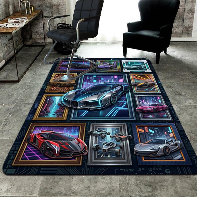 Futuristic Car Gallery Pattern Rug Floor Mat for Living Room or Bedroom Soft and Comfortable Carpet a Gift for Birthday and Holiday.