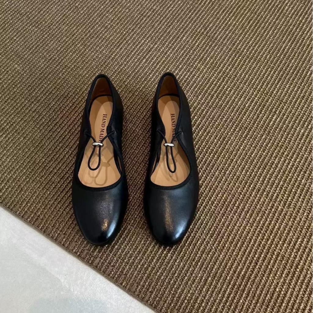 Cowhide Version~ Simple One-word Ballet Shoes with Round Head and Light Mouth Retro Versatile Mary Jane Shoes Women's French Flats