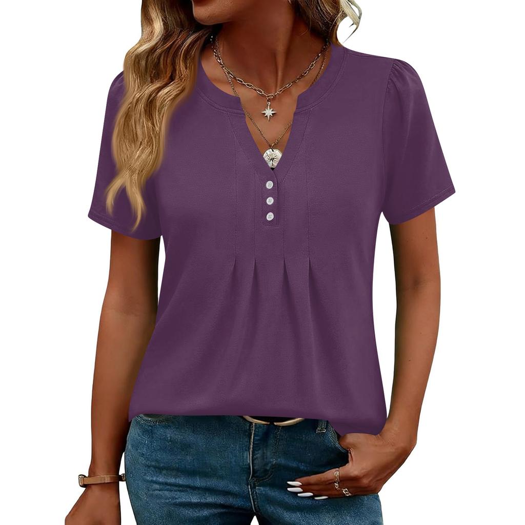 Damen Oberteile Festlich Lässig V-Ausschnitt Kurzarm Hemden Plissierte Blusen Knopfleiste Tunika