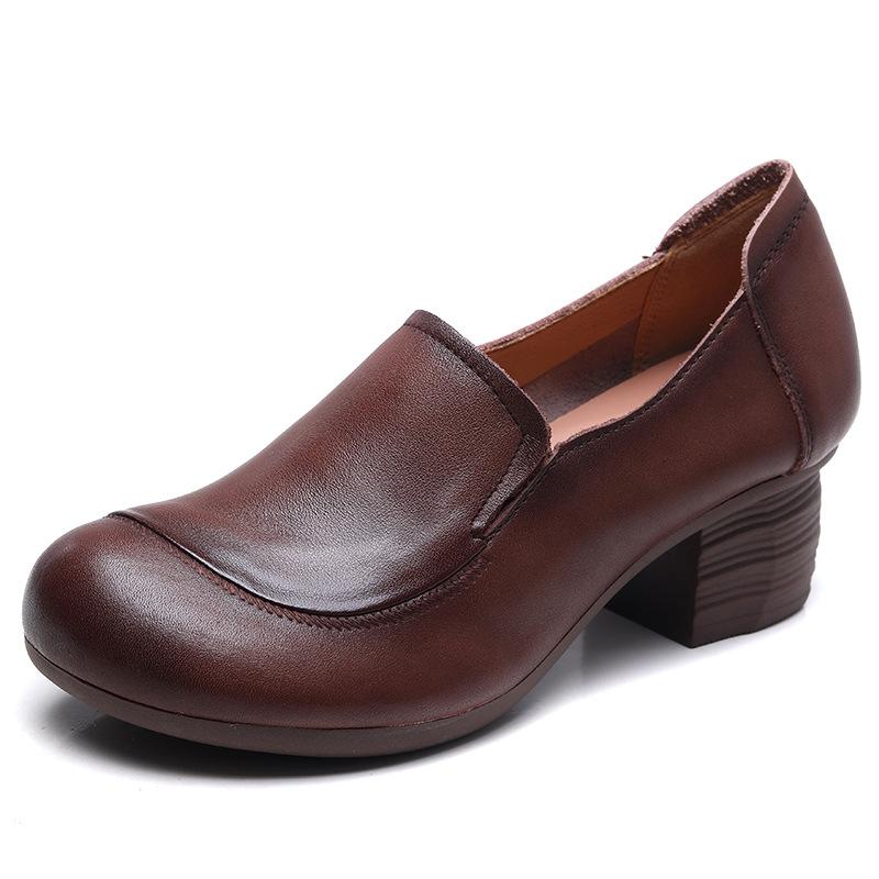Johnature Genuine Leather Solid Color Thick Heeled Pumps Retro Versatile Round Toe Women's Shoes