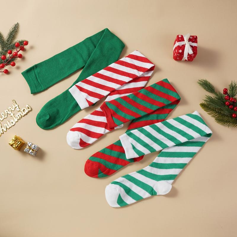 Christmas Green Red Cotton Stocking Striped Over The Knee Bowknot Long Socks