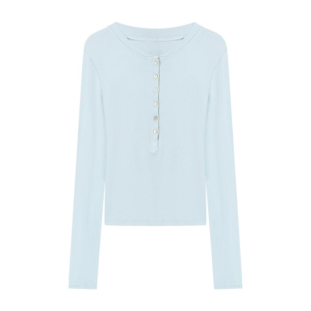 Women's Slimming Henley Neck Imitation Cashmere Long Sleeve T-shirt for Autumn Winter