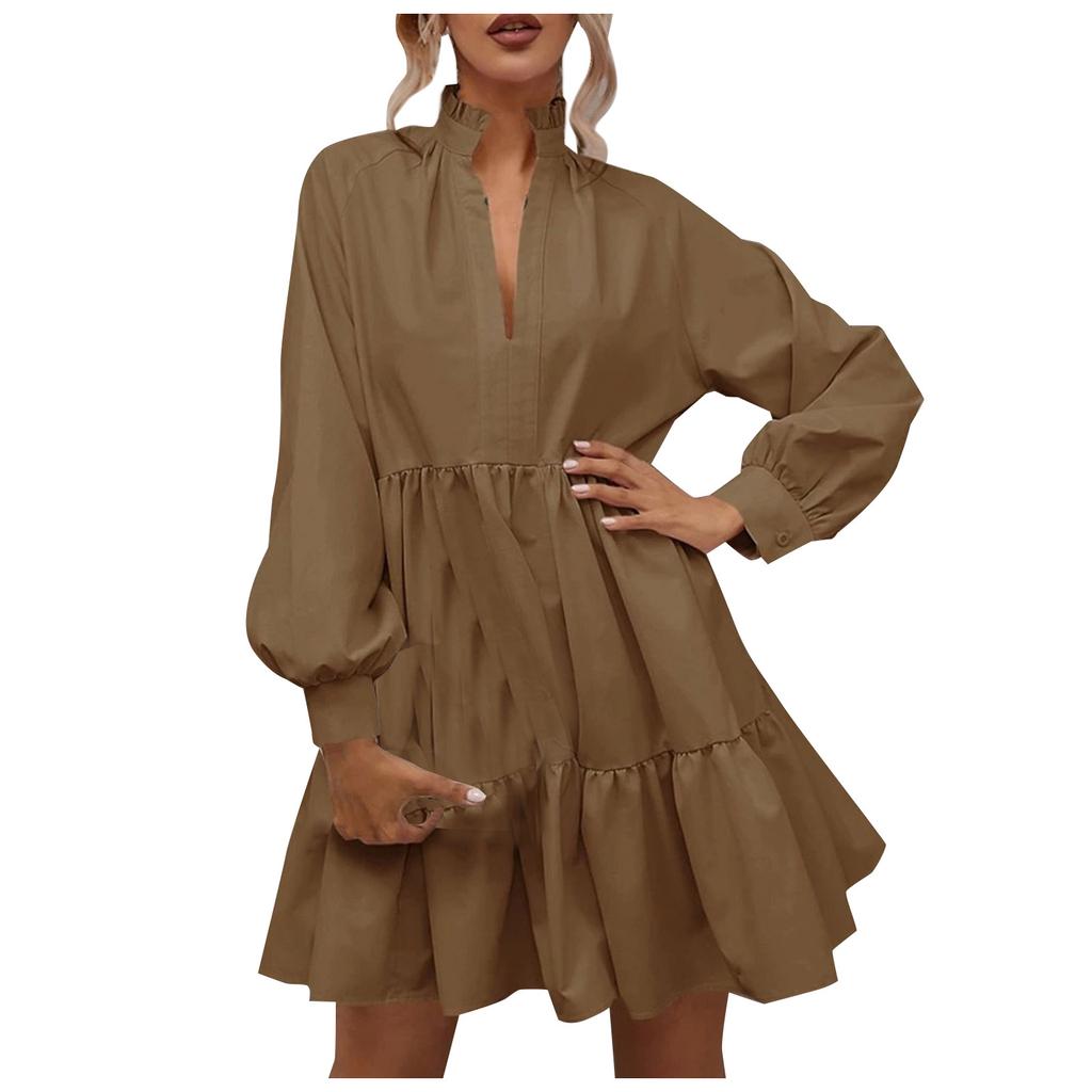 ქალის ყოველდღიური, მოდური, ერთფეროვანი, V-ყელიანი, გრძელმკლავიანი, ფრიალა ნაკერით, დიდი, A-ხაზის კაბა