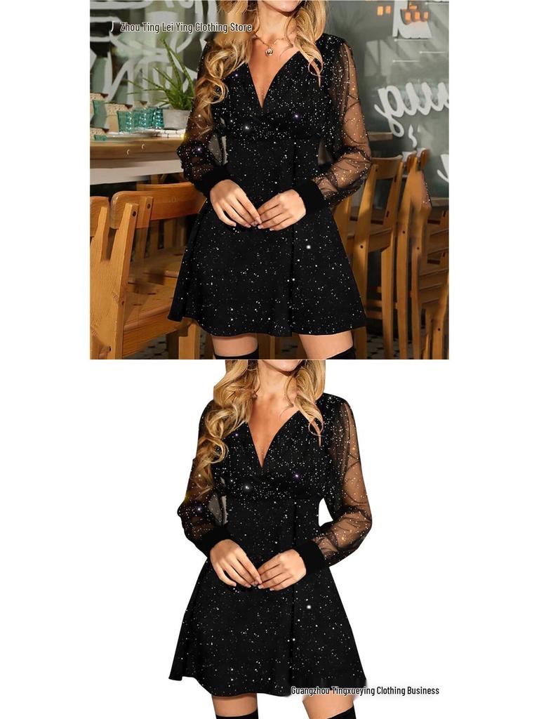 Women's Sexy Slim Fit Lace Patchwork Evening Gown with Long Sleeves