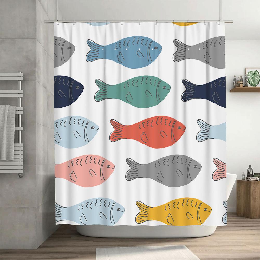 Whimsical Fish Shower Curtain Multicolor Pattern Decorative Fabric Waterproof Bath Rug Cover For Home Decoration In Bathrooms