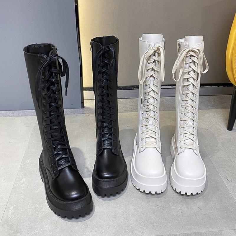 Fashion Women Knee High Boots Thick Sole Punk Style Women Motorcycle Boots Retro Square Heel Lace Up Women Boots Black White Botas Mujer