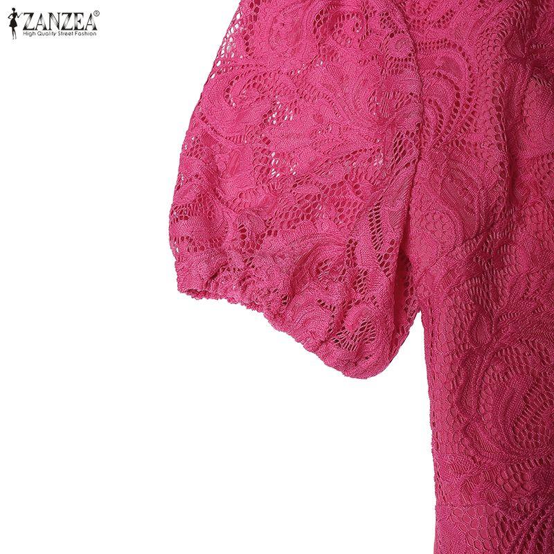 ZANZEA Dames Casual Ronde Hals Korte Mouw Elegante Kant Patchwork Lange Jurk