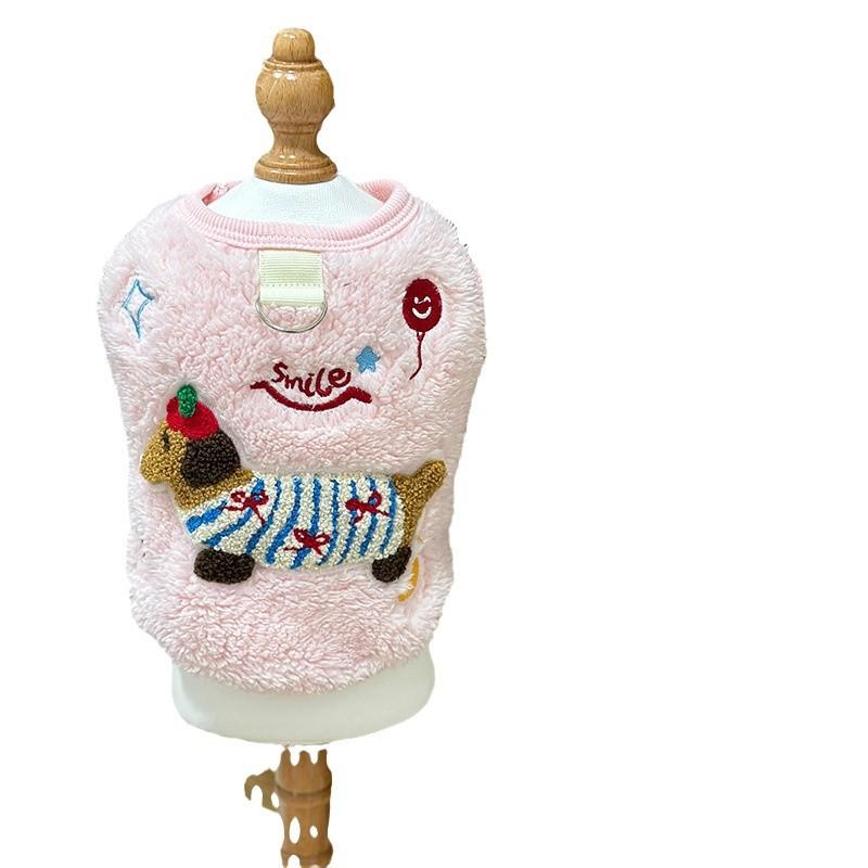 Pet Plush Embroidered Vest Dog Autumn/Winter Velvet Thickened with Traction Ring Small Dog Coat Christmas Clothes Jacket