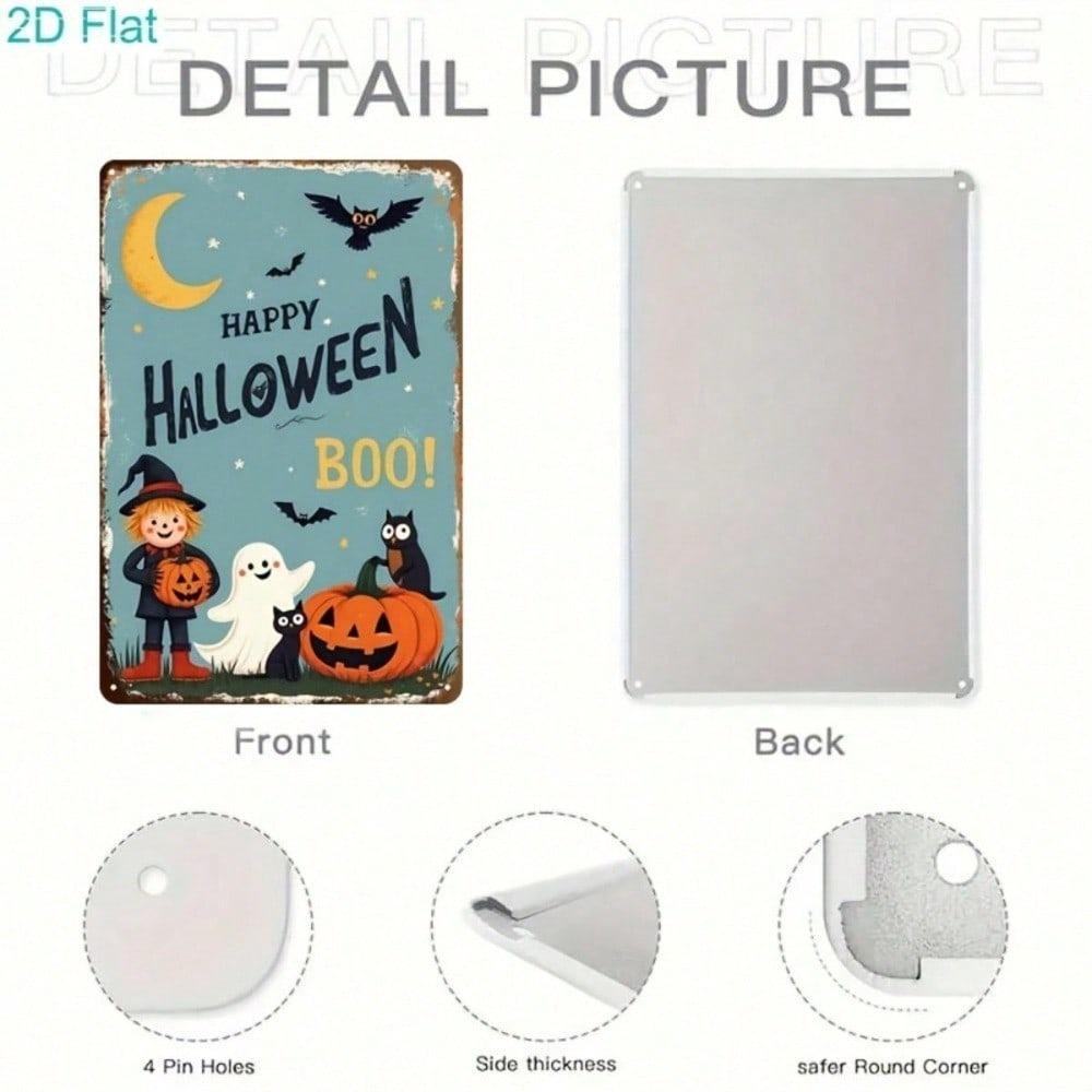 Halloween Metal Sign Cute Witch Pumpkin Bats Tin Plaque Vintage Retro 2D Flat Wall Art Home Door Party Garden Decor