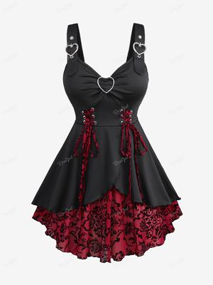 Rosegal Plus size květinový vločkový tulipánový lem vrstvené volánky šněrování nařasené srdce přezky tílko