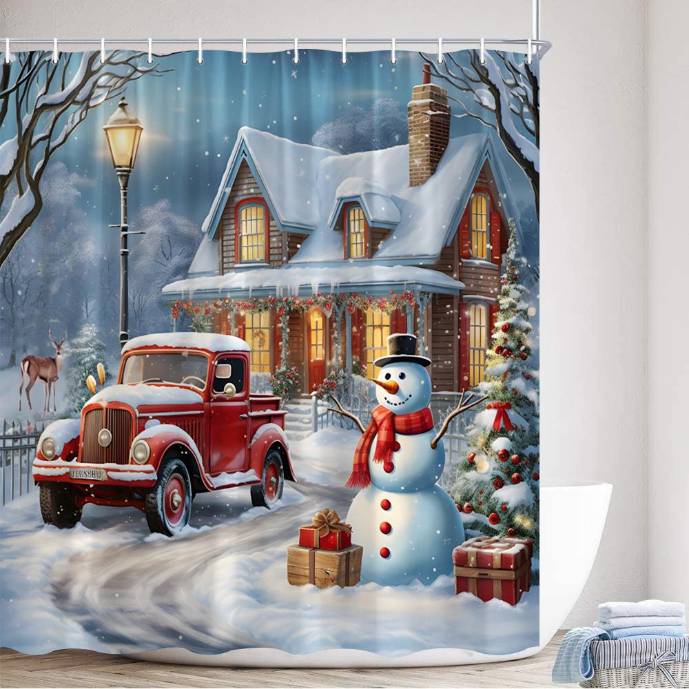 Christmas Shower Curtain Cute Snowman Santa Claus Xmas Tree Dog Winter Truck New Year Home Bathroom Curtains Decor With Hooks