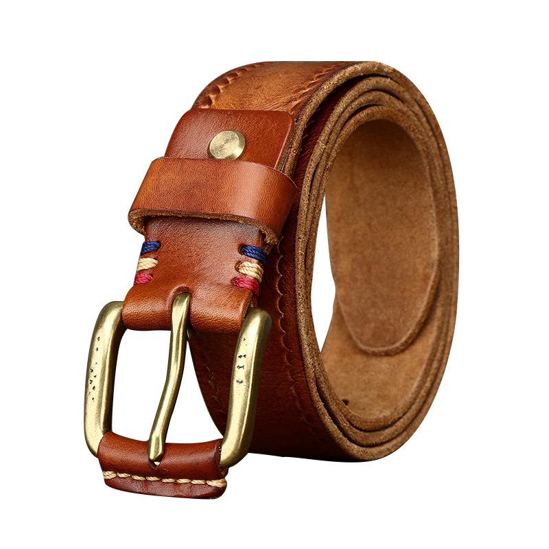 Retro Fashion Versatile Leather Belt Men'S Pure Cowhide Copper Buckle Old Pleated Denim Belt