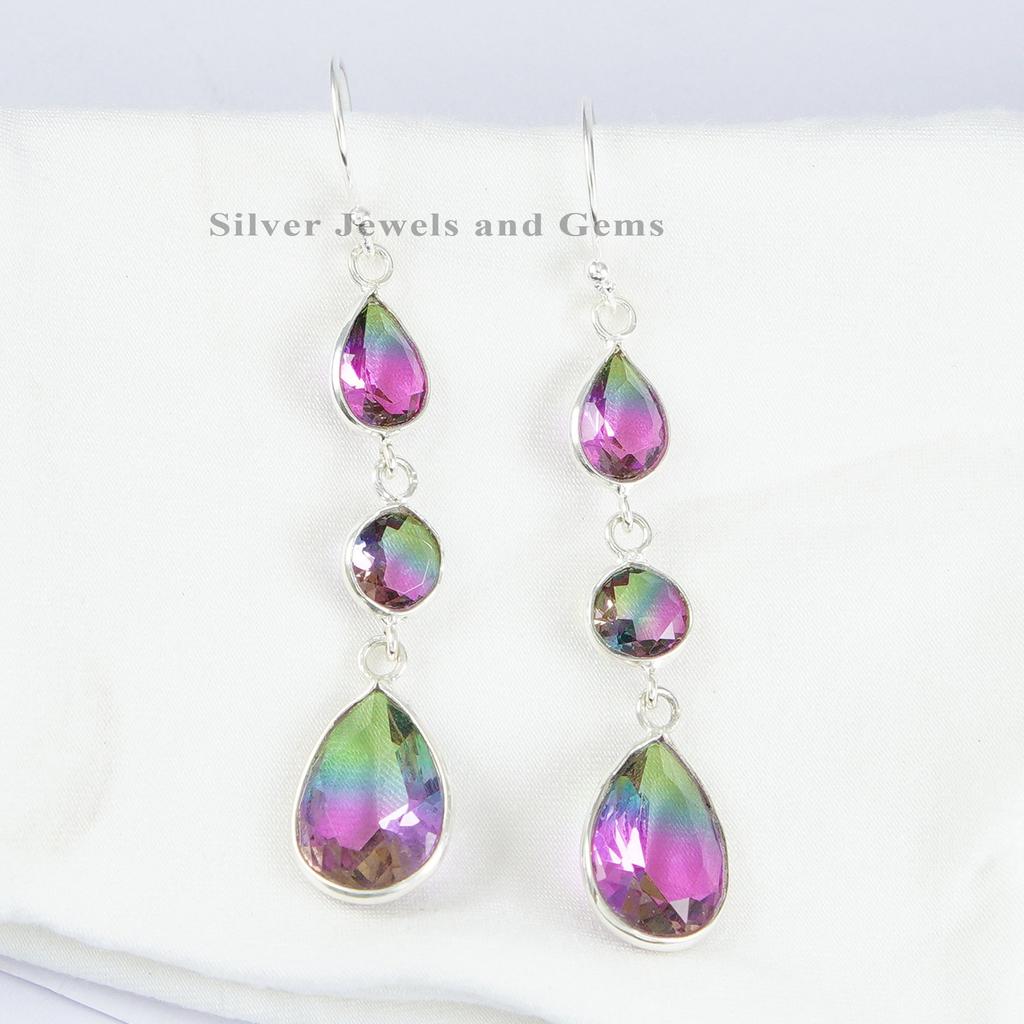 Watermelon Tourmaline Quartz Earrings, 925 Sterling Silver Dangle Earrings, Multi Stone Tourmaline Earrings, Gift for her, Birthday Gift