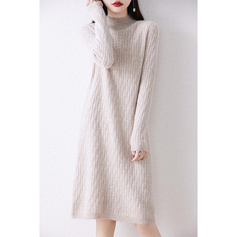 Women's Mid-Length High Neck Pure Wool Cashmere Sweater Dress - Thickened Knit for Autumn Winter