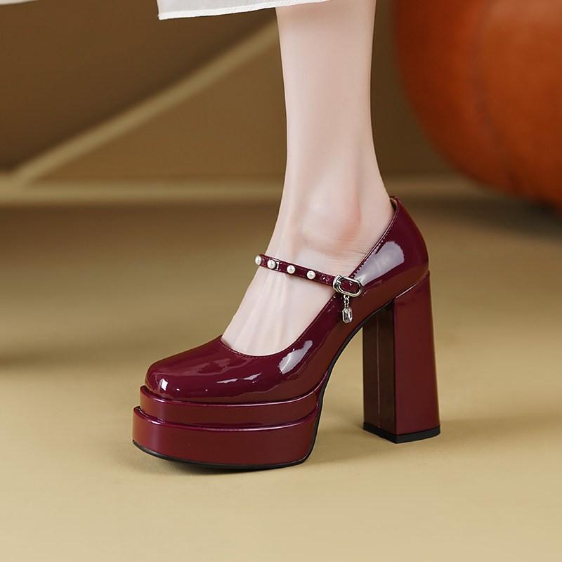 

Round Toe Mary Jane Women s Shoes New One Word Belt Small Block Heel Platform High Heels 34 вино красного