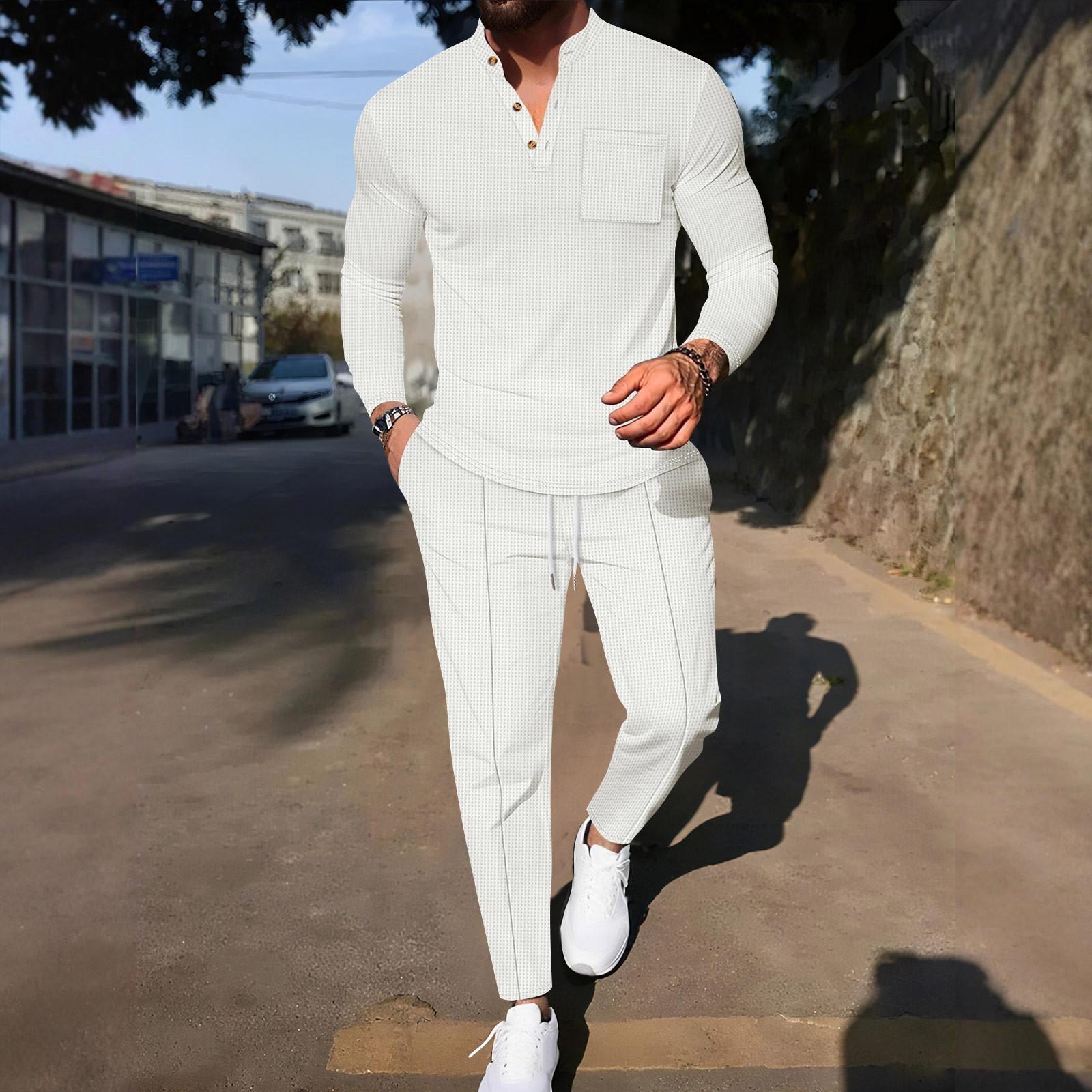 

Мужской повседневный однотонный костюм с брюками, воротником-стойкой и трехбортной застежкой, с длинными рукавами XL белый