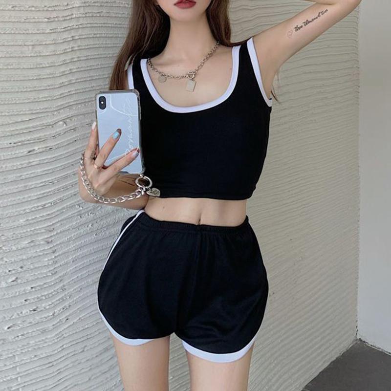 Summer Casual Natural Slim Sleeveless 2 Piece Set Women Fashion Design Solid Sling Sports Vest Vintage Chic High Waist Thin Short Pants New