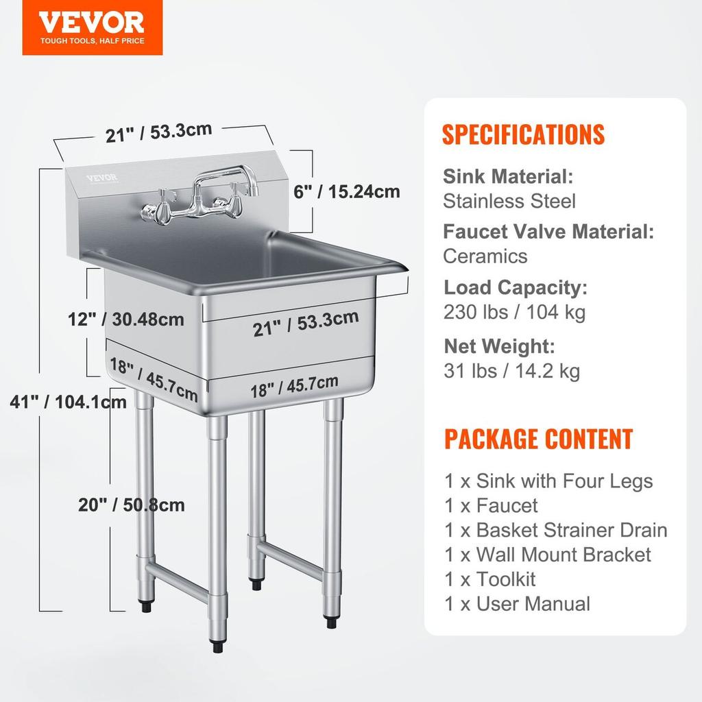 Stainless Steel Prep & Utility Sink, 1 Compartment Free Standing Small Sink Include Faucet & legs, 21"x41" Commercial Single Bowl Sinks for Garage,