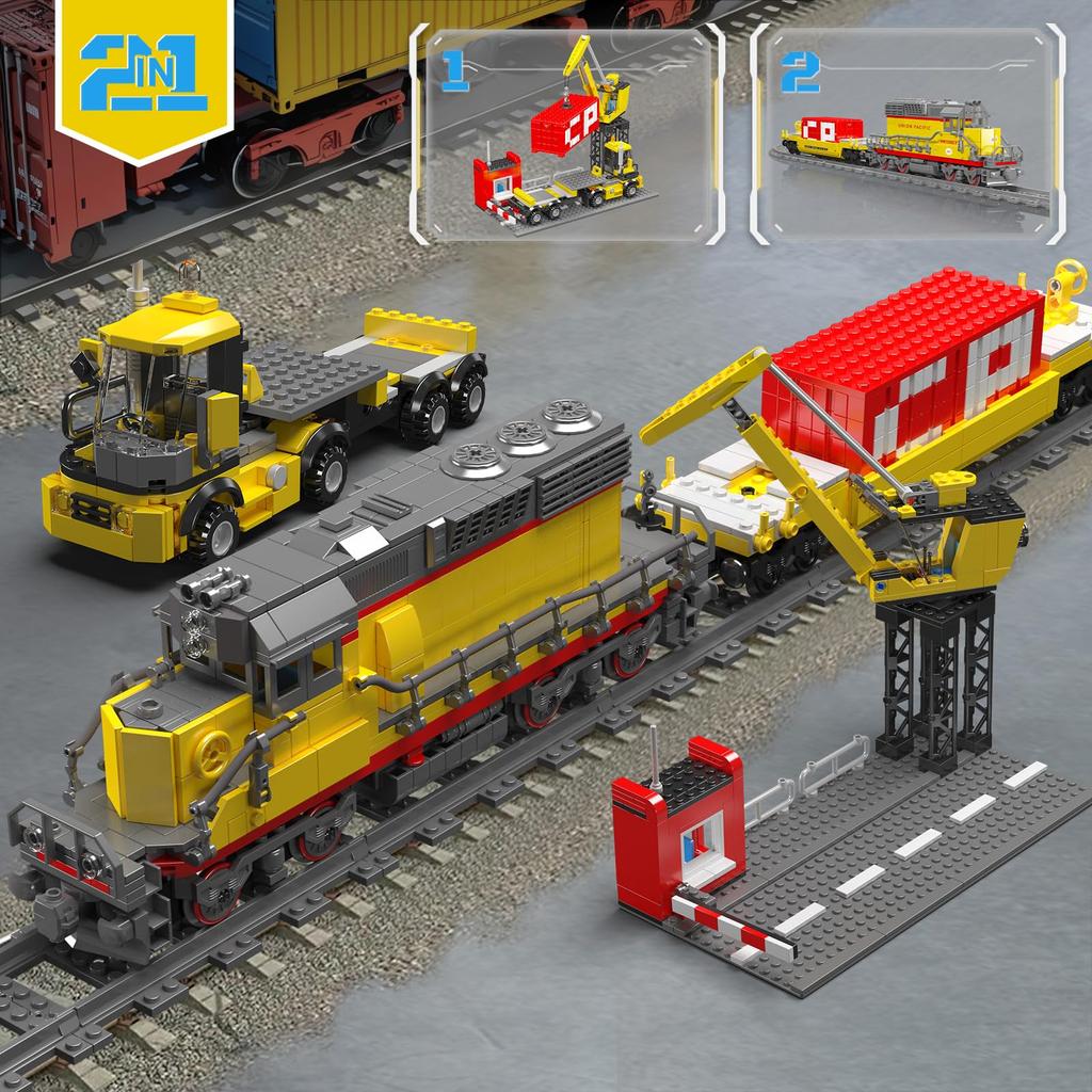 Mould King 12027 MOC Remote Control EMD SD40-2 Diesel Locomotive Railroad Train Building Block Set Kit 1170 Railroad Freight Cargo Car