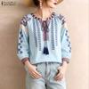 ZANZEA Women Boho Print Summer Casual Round Neck 3/4 Sleeve Blouse