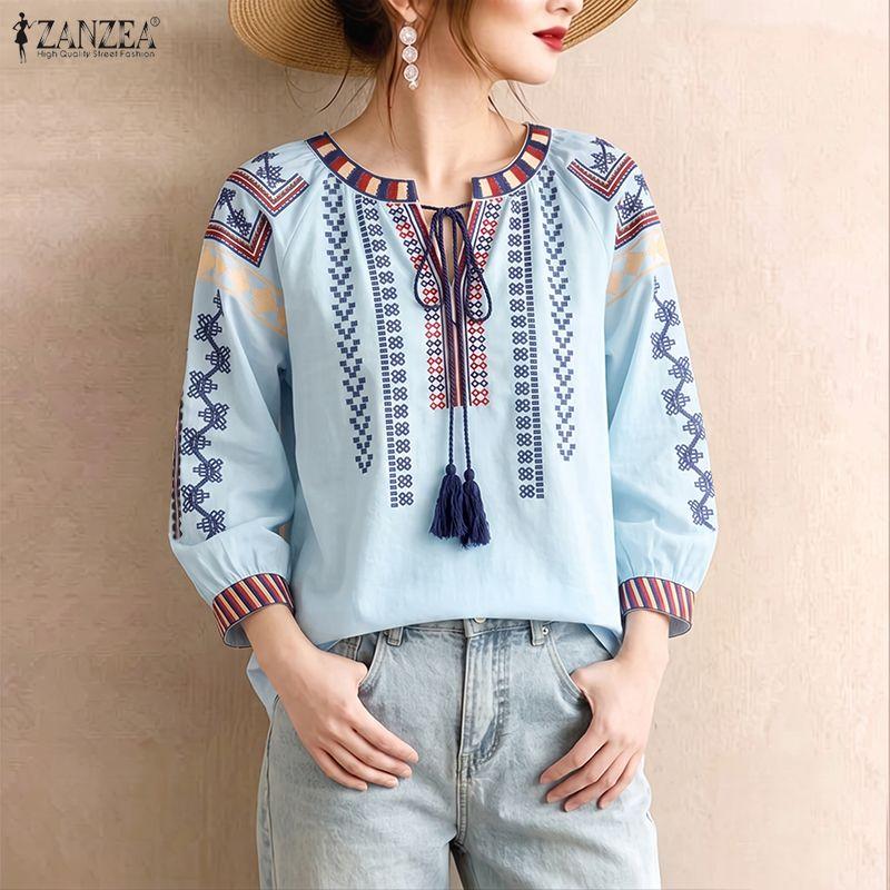 ZANZEA Women Boho Print Summer Casual Round Neck 3/4 Sleeve Blouse
