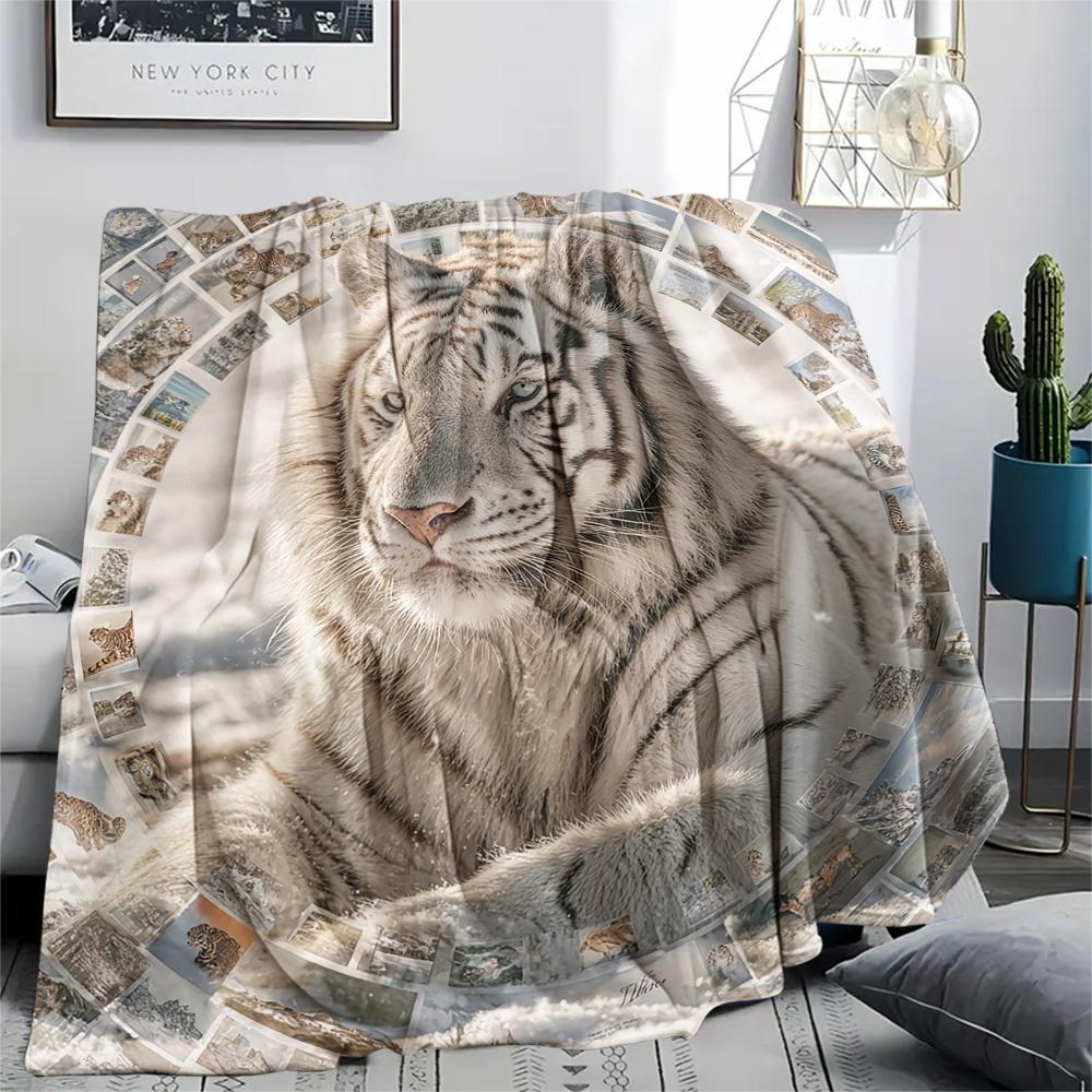 White Tiger Print Flannel Blanket, High Quality Comfortable for All Seasons, Home Decor, Warmth and Comfort, Perfect for Christmas Gifts