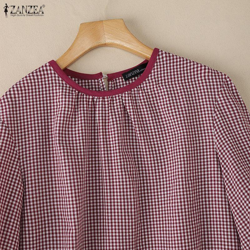 ZANZEA Women Casual Round Neck 3/4 Sleeve Grid Print Loose Blouse