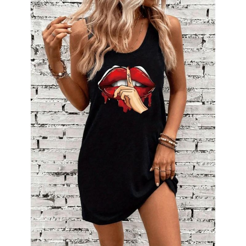 Women's Summer Loose and Comfortable Casual Heart-shaped Pattern Printed Black Sleeveless Vest Dress Punk Style Dress