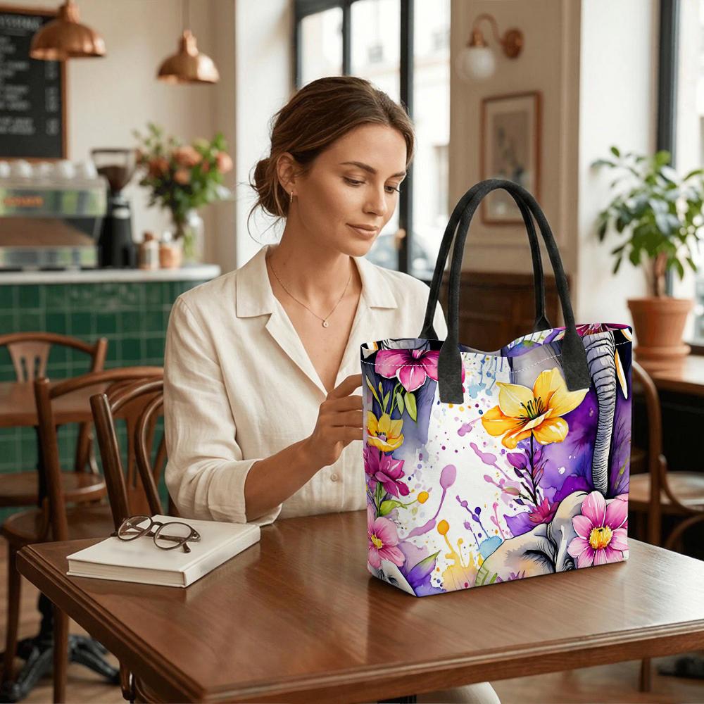 Floral Elephant Print Tote Bag Fashionable Large Capacity Casual Shoulder Bag for Daily Use