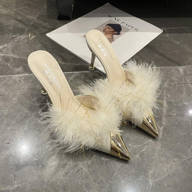 

Мода Мода Остроносые Мохнатые Тонкий Каблук Полушлепанцы для Женщин 2025 Осень Удобные Универсальные Элегантные Повседневные Высокий Каблук Шлепанцы 33