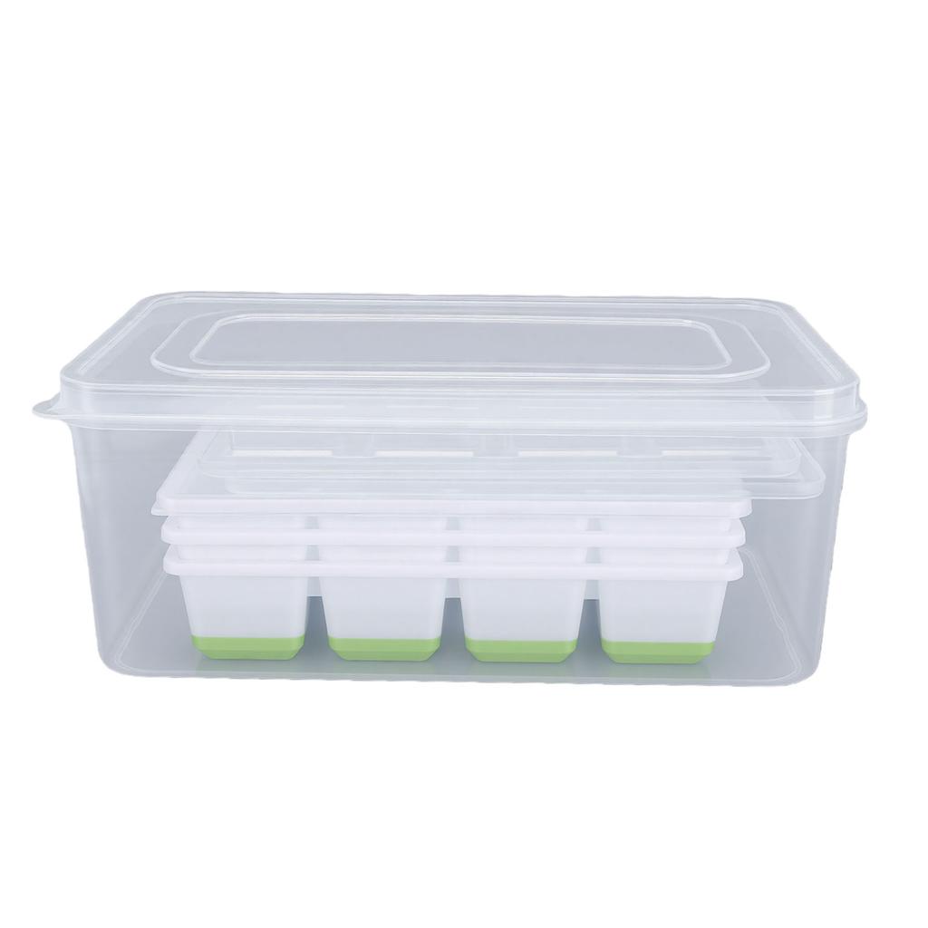 Ice Cube Tray with Lid Bin Tong Set 8 Cavity Soft Bottom Square Silicone Ice Cube Mold for Freezer