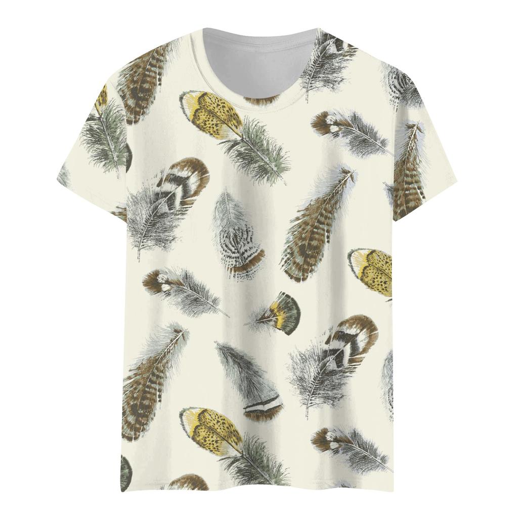 Women's Summer Feather Print Short Sleeve Round Neck Pullover T-shirt Top