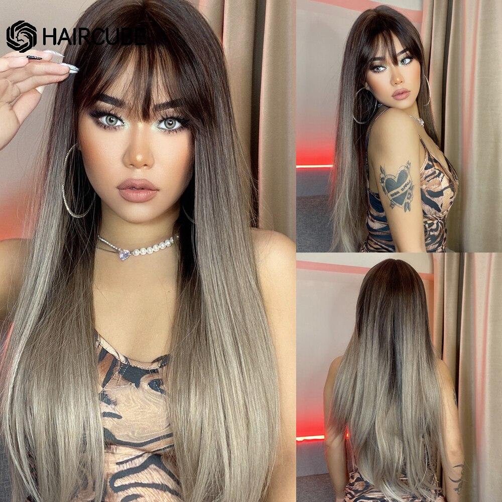 HAIRCUBE Long Straight Brown Ombre Natural Hair Wigs Middle Part Heat Resistant Synthetic Wigs for Afro Women Daily Cosplay Fashion Wigs