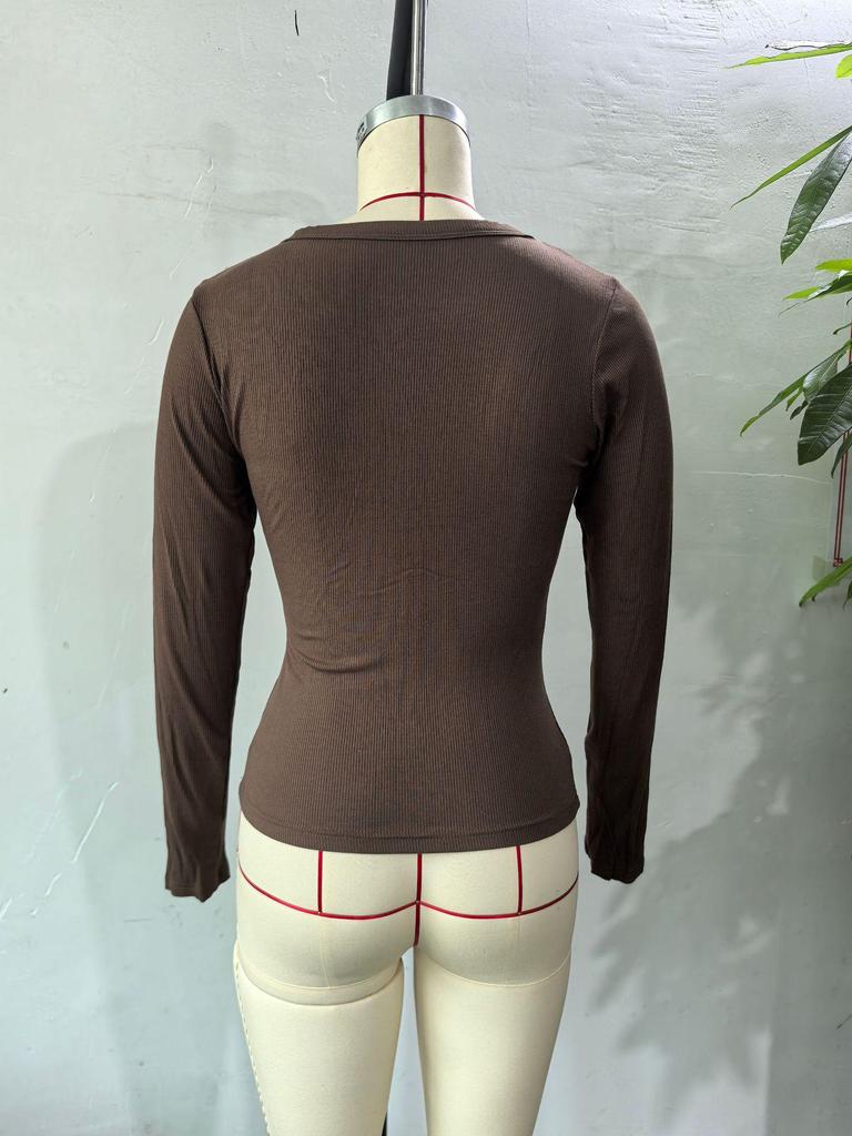 2025 Y2K Ribbed Crew Neck Women's Slim Fit Long Sleeve T-Shirt - Solid Color