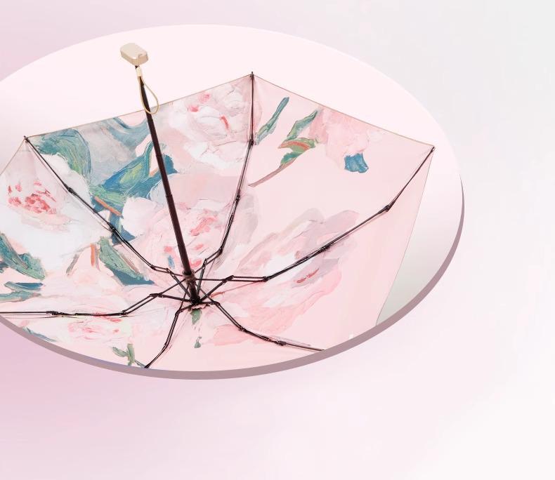 Compact Chinese-Style Oil Painting Umbrella: Portable, Manual Open, UV Protection for Sun & Rain