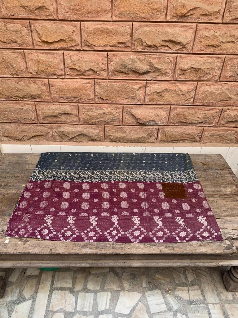 Handmade Kantha Quilt: Green Floral Vintage Sari Throw Blanket