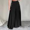 Women Pants Elastic High Waist Buttons Decor Solid Color Trousers Wide Leg Loose Fit Casual Pants Work Travel Daily Wear