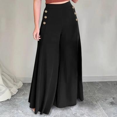 Damenhosen Elastisch Hohe Taille Knöpfe Dekoration Einfarbige Hosen Weiter Bein Lockerer Schnitt Freizeithosen Arbeit Reisen Tägliche Kleidung