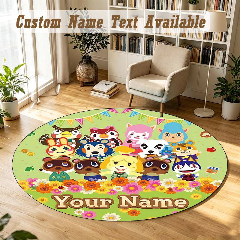 Animal Crossing Personalized Round Rug Support Custom Name, Soft Home Decor Mat