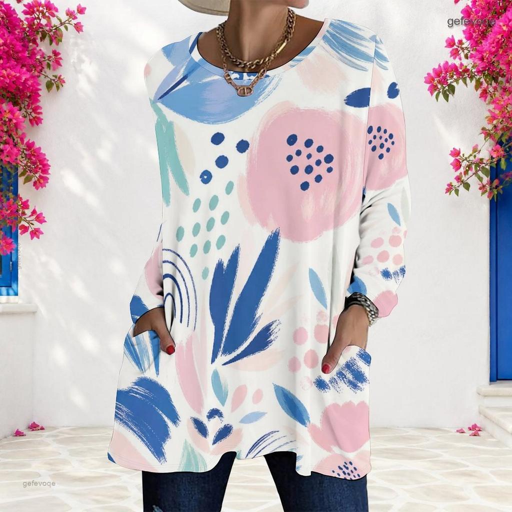 Women Plus Size Round Neck Long Sleeve Geometric Printed Loose Longline T Shirt With Pockets
